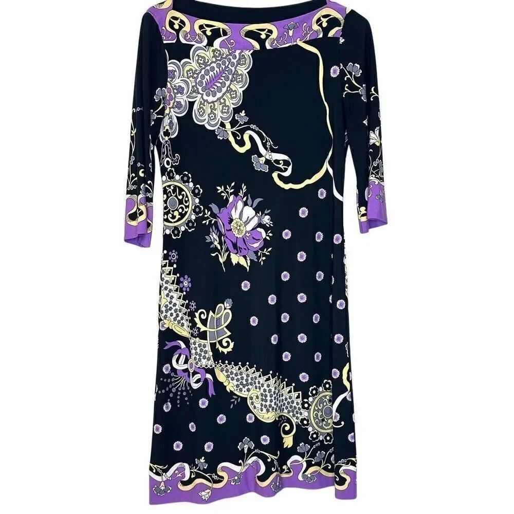 Donna Morgan Floral 3/4 Sleeve Bateau Neck Black Purple Shift Dress Size 4